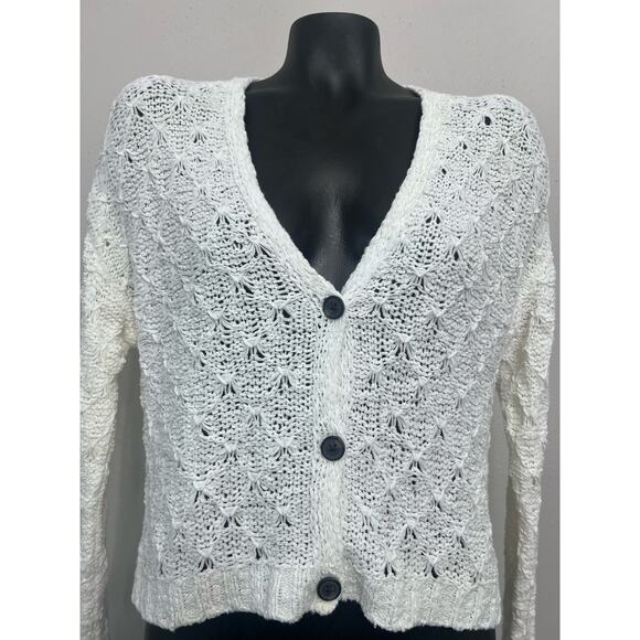 American Eagle Sweater Sz M V-Neck ButtonDown Open Weave White Cotton Acadamia - Picture 6 of 7